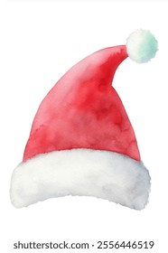 A red santa hat with a white band and a white pom pom on top. The hat is watercolor and he is a festive decoration