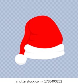 Red santa hat with white fur. Christmas hat on isolated background. Xmas clothing. Santa hat template for decoration. Claus, christmas headdress. Cartoon style vector illustration.