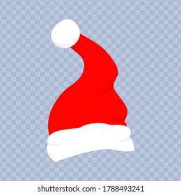 Red santa hat with white fur. Christmas hat on isolated background. Xmas clothing. Santa hat template for decoration. Claus, christmas headdress. Cartoon style vector illustration.