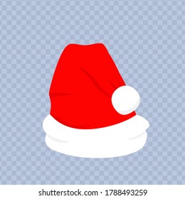 Red santa hat with white fur. Christmas hat on isolated background. Xmas clothing. Santa hat template for decoration. Claus, christmas headdress. Cartoon style vector illustration.