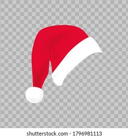 Red santa hat with white fur. Christmas hat on isolated background. Xmas clothing. Santa hat template for decoration. Claus, christmas headdress. Realistic 3d vector illustration.