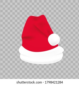 Red santa hat with white fur. Christmas hat on isolated background. Xmas clothing. Santa hat template for decoration. Claus, christmas headdress. Realistic 3d vector illustration.