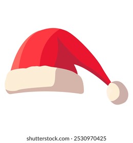 Red Santa hat with white fur trim and pompom in flat vector design on white background