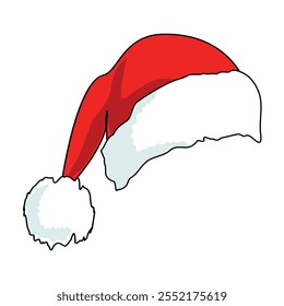 Red Santa hat, white furry trim and pompom. Black outline. Isolated cartoon clipart, design element