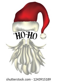 Red santa hat and white moustache with beard, Christmas greeting card design.
