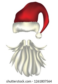 Red santa hat and white moustache with beard, Christmas greeting card design.