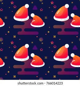 Red Santa hats  with Pompom and stars on dark blue. Vector Seamless pattern. Christmas background. Cartoon illustration of Santa Claus hat.