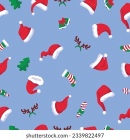 Red santa hats seamless pattern. Flat hats graphic design, christmas holiday cloth print. New year, winter party neoteric vector background