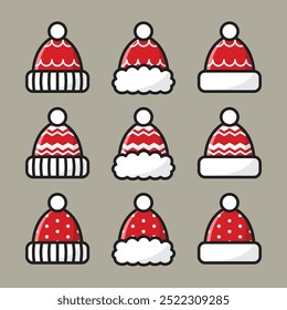 Red Santa hats with various patterns and decorations, including dots, waves, and zigzags.