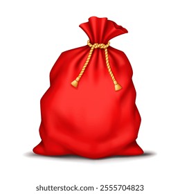 Red Santa sack overflowed with presents realistic vector illustration. Winter holiday atmosphere for kids 3d object on white background