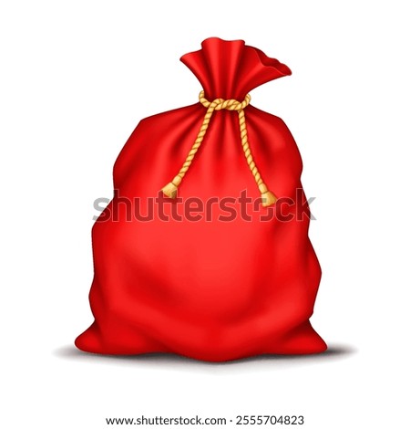 Red Santa sack overflowed with presents realistic vector illustration. Winter holiday atmosphere for kids 3d object on white background