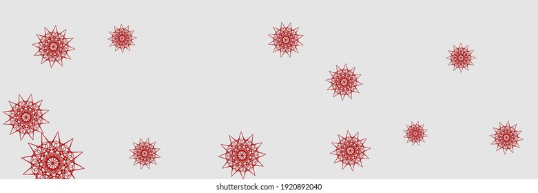 Red Santa Silver White Composition. Chaotic Print Horizontal Christmas Snow Pattern. White Snowflakes Ornamental Winter Holiday Sky Background. Grey New Year Bright Stars Mandala Illustration.