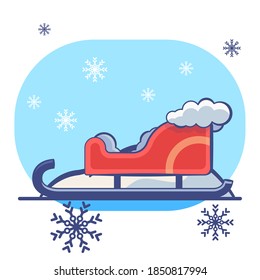 Red Santa sledge on white isolated backdrop. Christmas holiday postcard for invitation or gift card, notebook, bath tile, scrapbook. Phone case or cloth print. Flat style stock vector illustration