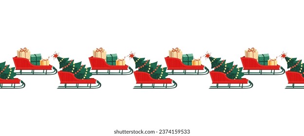 Red Santa sleigh Christmas seamless border vector pattern. Festive Santa Claus sleigh transporting Christmas trees, holiday present gifts cartoon. Jolly winter season illustration, decorative frame