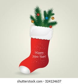 Red Santa's boot with christmas pine and balls. Christmas greeting card with boot. Vector illustration