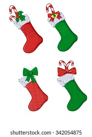 Red Santa's boot Set. Christmas background. Vector illustration
