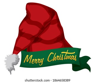 Red Santa's hat with stripes, decorated with greeting ribbon for a Merry Christmas season.