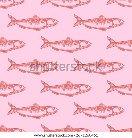 Red sardine seamless pattern. Vector hand drawn sketch illustration. Marine doodle pink background. Design for summer fashion textile print, beach coastal fabric, seafood, ocean life wrapping paper