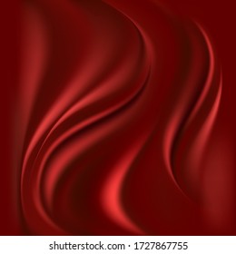 Red satin background. Wavy smooth silk texture with drapery. Abstract pattern, vector illustration