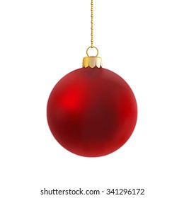 Red satin bauble hanging on a chain isolated on white.