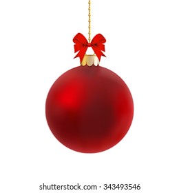 Red satin bauble hanging on a gold ribbon with red bow isolated on white.