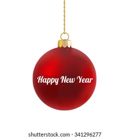 Red satin bauble with Happy New Year text hanging on a chain isolated on white.