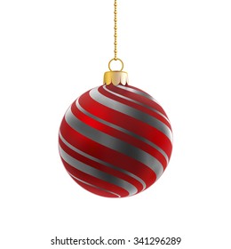 Red satin bauble with silver stripes hanging on a chain isolated on white.