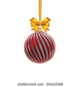 Red satin bauble with silver stripes hanging on a gold ribbon with gold bow isolated on white.
