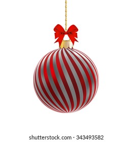 Red satin bauble with silver stripes hanging on a gold ribbon with red bow isolated on white.
