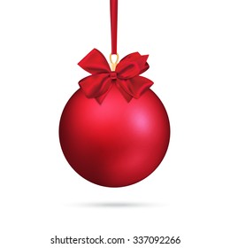 Red satin bauble with tied bow.