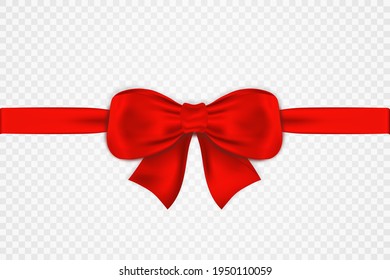 Red satin bow and horizontal ribbon isolated on transparent background. Tied luxury red bow for greeting card, gift box and other festive decoration. Realistic red bow with ribbon. Vector