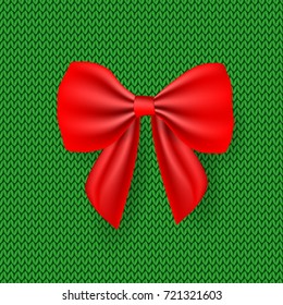 Red satin bow on a knitted background. Knitted Christmas background. Happy New Year 2018. New Year Seamless Knitted Pattern with red bow. Knitting Sweater Design