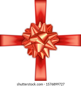 Red satin bow with ribbon on a transparent background. In the form of packaging, for holiday gift boxes and banners. Isolated on a white background. Stock vector illustration.