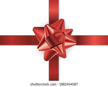 Red satin bow. Shiny smooth ribbon. Festive decoration of gifts. Design of packages, gift cards.