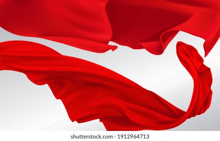 Red satin fabric flying in the wind on a light background. Abstract vector flying wave silk or satin fabric on white background for grand opening ceremony or other occasion. Vector illustration EPS10