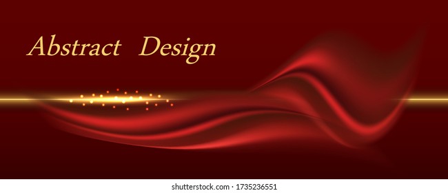 Red satin fabric with gold luxurious background for banner or poster design. Wavy drapery and golden glowing  border lines. Vector illustration