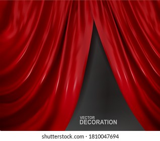 Red satin open Curtain. Realistic Vector object Isolated on gray background. Element for design.