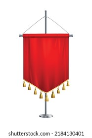 Red satin pennant with golden fringe on metal spire realistic vector illustration