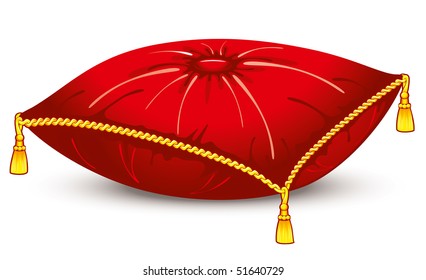 Red Satin Pillow With Gold Tassels, Vector