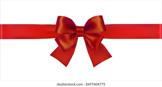 Cinta y lazo de raso rojo. Ilustración vectorial para tarjetas de felicitación, estampados de invierno, portada, calendario, etiquetas de regalo y redes sociales	Aislado en el fondo blanco 