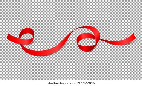 Red satin ribbon isolated on transparent background. Vector illustration of curved satin tape. Abstract object.