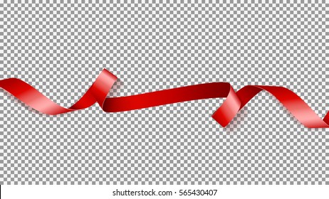 Red satin ribbon isolated on transparent backdrop. Vector illustration of curved tape.