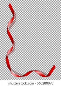 Red satin ribbon isolated on transparent backdrop. Vector illustration of curved tape. Abstract object.