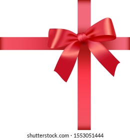 Red satin ribbon with realistic bow. Isolated design element with silk ribbon, holiday gift decoration, gift card, present, discount and special offer.