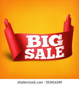 Red satin ribbon scroll. Big sale concept. Vector illustration
