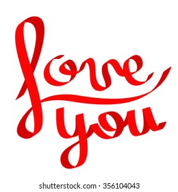 Red satin ribbon in shape of word Love you. Flat design. White background. Isolated. Vector illustration