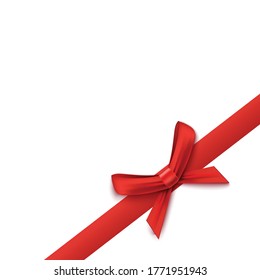 Red satin ribbon with simple bow corner element, 3d realistic vector illustration isolated on white background. Gift boxes, packs or greeting cards decoration template.