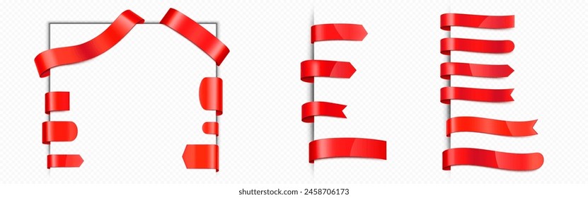 Red satin ribbon tag or bookmark. Realistic 3d vector illustration set of corner and arrow label for sale and discount signs. Premium silk badge banner for promotion. Fabric or plastic sticker.