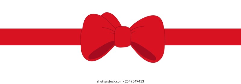 Red satin ribbon with tied bow for holiday decoration. Christmas gift wrap element. Flat vector illustration isolated on white background.