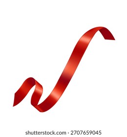 rote Satinbandwelle einzeln auf weißem Hintergrund. Realistisches glänzendes Seidenband, das in der Luft rollt. Dekoratives Element für Geschenk, Weihnachten oder Valentinstag Design